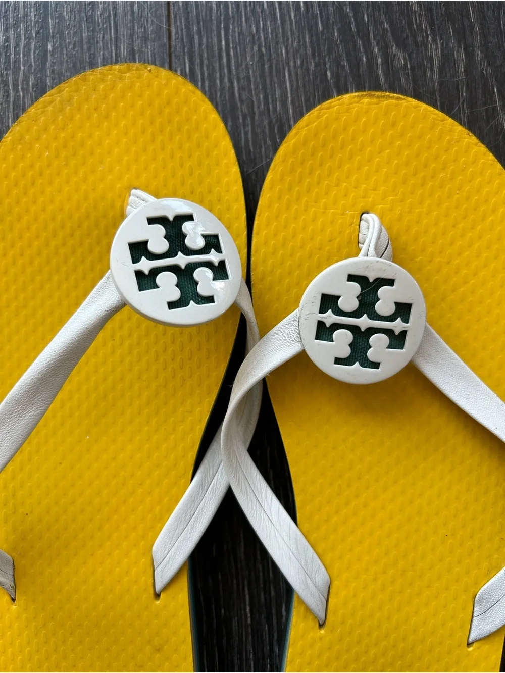 Tory Burch women Yellow Flip Flops with White Straps and Logo